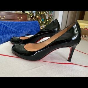 Christian Louboutin Round Toe Black Patent Leather Heels 37 EUC Repainted soles.